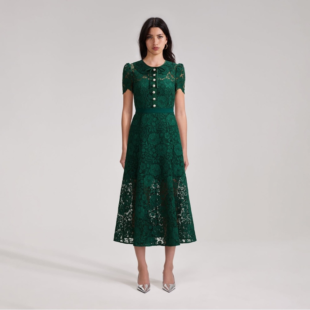 SELF-PORTRAIT GREEN CORD LACE MIDI DRESS